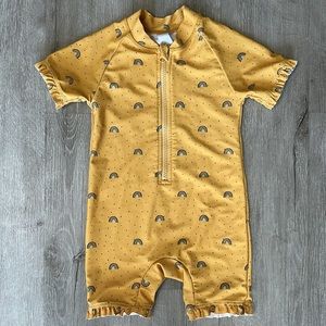 Toddler Girl One Piece Zip Up Rash Guard Swimsuit Size 2-3 Years Yellow Rainbow